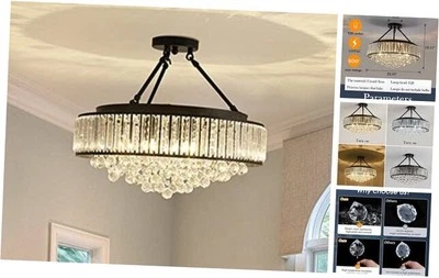  Lámpara de araña de cristal grande moderna de 6 luces de metal E26 montaje semi empotrado redonda negra Foto 1 de 4