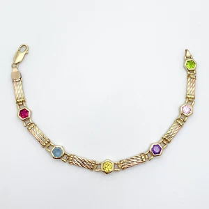 Vintage 14k Tri Color Gold Lab Grown Multi Gemstone Tennis Bracelet Signed B.B - Picture 1 of 10