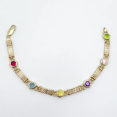 Vintage 14k Tri Color Gold Lab Grown Multi Gemstone Tennis Bracelet Signed B.B - Image 1 of 4
