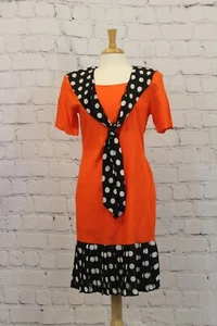 Vintage Donna Fay Dress Size 8 Made in USA Orange w/Black/White Polka Dot Collar - Picture 1 of 12