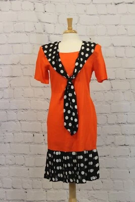 Vintage Donna Fay Dress Size 8 Made in USA Orange w/Black/White Polka Dot Collar - Image 1 of 4