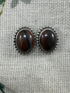 VINTAGE Native American SILVER and JASPER stud earrings T. SPENCER - Picture 1 of 10