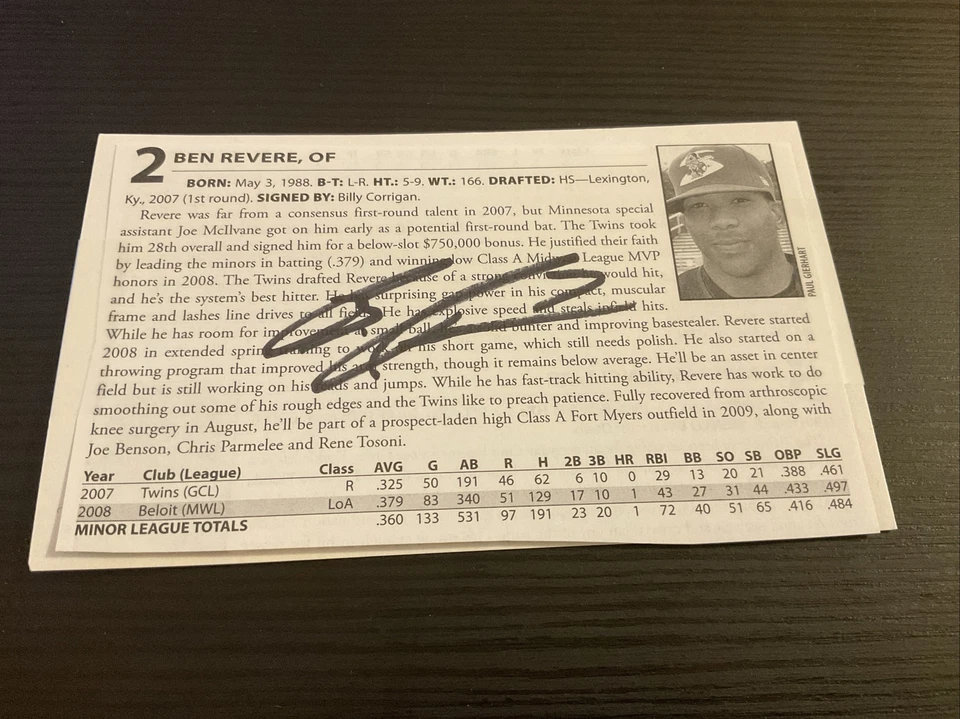 Corte firmado montado en una tarjeta de 3x5 2010 gemelos Ben Revere Foto 1 de 1