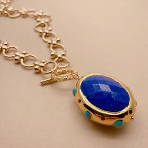 Blue Jade Turquoise Pendant Necklace Gold Plated Chain Simple Necklaces - Picture 1 of 6