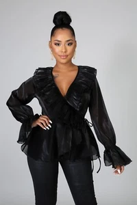 Women Crystal Black Sheer Long Sleeve Ruffles Blouse w/waist tie. Small. - Picture 1 of 3