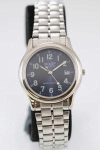 Sharp Watch Men Silver Stainless Steel Water Resistant Battery Blue Date Quartz - Picture 1 of 6