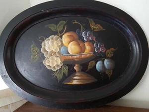 VTG TOLE-Painted WOOD PLATTER OVAL Fruit Still-Life Over 18" Length & 13" Wide - Picture 1 of 9