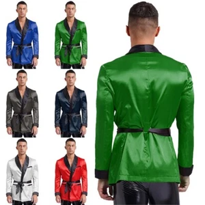 Men's Satin Smoking Jacket Pajamas Bathrobe Kimono Robe with Belt Sleepwear - Picture 1 of 65