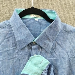 Puro Lino 100% Linen Chambray Shirt Men's 3XL Blue Flip Cuff Made in Italy - Picture 1 of 10