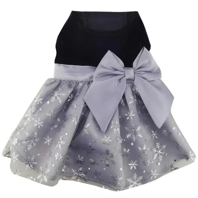 Black Velvet Snowflake Dog Harness Dress Gray Skirt Bow D-Ring Leash Set XS-XL - Image 1 of 2