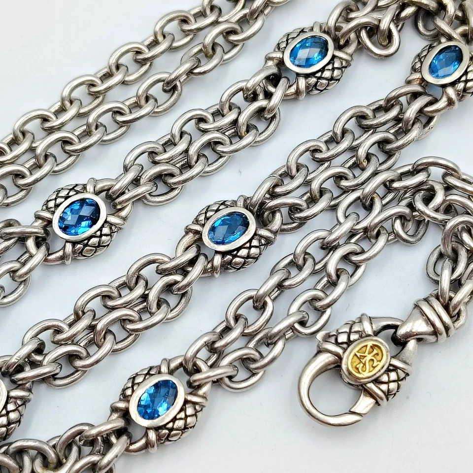 Scott Kay 925 Sterling Silver 18K Gold Accent Blue Topaz Stations Necklace 16" - Image 1 of 4