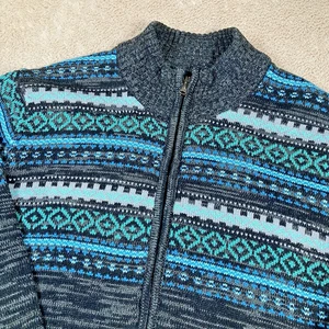 CARBON Mens Large Long Sleeve Mock Neck Charcoal Fair Isle Full Zip Sweater - Picture 1 of 9