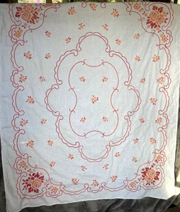 Linen Hand Cross Stitched Tablecloth 56" x 44" Orange Flowers Vintage Imperfect - Picture 1 of 9