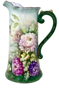 Limoges Style Tall Tankard Style Porcelain Pitcher Hand Painted Flower Grapes - Picture 1 of 9