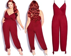 City Chic Dark Red Spaghetti Strap Jersey Knit Knot Hem Jumpsuit Size M 18 - Picture 1 of 9
