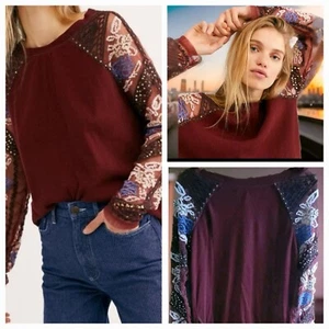 Free People Top S Rendezvous Tee Red Wine Embroidered Sequin Mesh Sleeve NWT $88 - Picture 1 of 8
