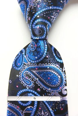 Nueva Corbata Clásica Paisley Azul Negro Plata TEJIDA JACQUARD 100% Seda Para Hombre Foto 1 de 4