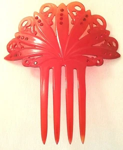Vintage Early Art Deco Red Celluloid Fan Hair Comb with Red Rhinestones - Picture 1 of 6
