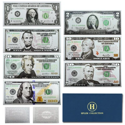 7pcs in Envelope US 1 2 5 10 20 50 100 Dollars Silver Foil Plastic Banknotes Set - Image 1 of 4