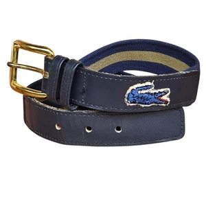 Vintage Lacoste Belt Boys 26 Crocodile Brown Leather Blue Stripe Stretch Classic - Picture 1 of 9