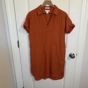 Halston 100% Linen Size Medium Orange Shift Dress with Pockets Beach Coastal - Picture 1 of 6