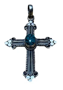925 Sterling Silver And Turquoise Cross Pendant - Picture 1 of 4