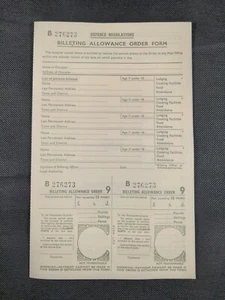 Defence Regulation WW2 Billeting Allowance Order Form Evacuation War Ephemera UK - Picture 1 of 6