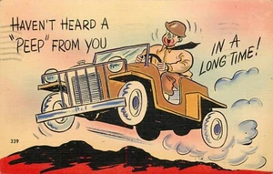 AK Armee Soldaten Freipost Comic Soldat fährt Jeep 1943 Camp Campbell - Bild 1 von 2