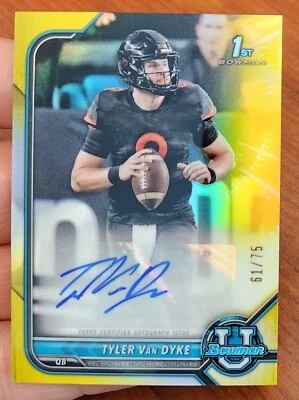 TYLER VAN DYKE 2021-22 BOWMAN UNIVERSITY 1ST CHROME RC YELLOW REFRACTOR AUTO /75 - Image 1 of 3
