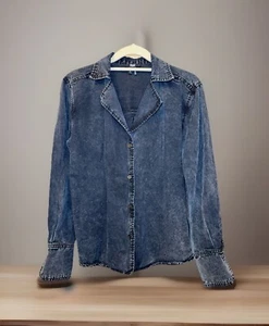 Paige Denim Women’s SMALL Button Up Black Denim Shirt Long Sleeve Collared USA - Picture 1 of 13