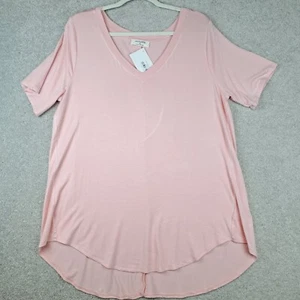 Zenana Tee Shirt Top 1X Pink Relaxed Plus Fit Short Sleeve V Neck & Hem Jersey - Picture 1 of 16
