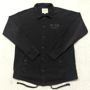 American Eagle Jacket Shirt Mens M Snap Shacket Logo Spellout Varsity Black - Picture 1 of 11