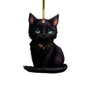 Cute Black Blue Eye Kitty Cat 2D Acrylic Hanging Ornament Xmas Rear View Mirror - Picture 1 of 4