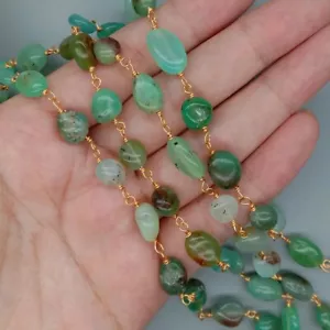 1 meter Green Chrysoprase freeform Gold Rosary link Chain Beads - Picture 1 of 5