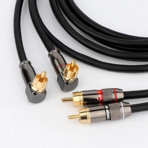 Pair RCA Audio Interconnect Cable 90 Degree Right Angle Gold Plated Lotus Plug - Picture 1 of 6
