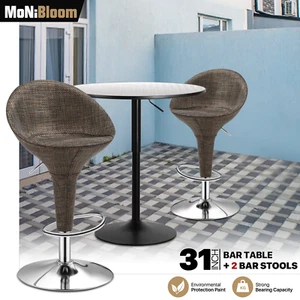 3 Pcs Wooden Pub Table Wicker Bar Stool Set Rattan Adjustable Height Dining Seat - Picture 1 of 13