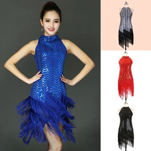Lady Sequin Sleeveless Latin Dance Dress Tango Tassel Salsa Dancewear Slim Wear - Photo 1/17