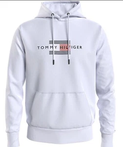 Tommy Hilfiger icono líneas bandera logotipo sudadera con capucha en blanco totalmente nuevo con etiqueta - Imagen 1 de 9