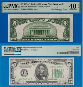 1934C $5 Federal Reserve Note PMG 40EPQ Misalignment Error star Fr 1959-B - Picture 1 of 3