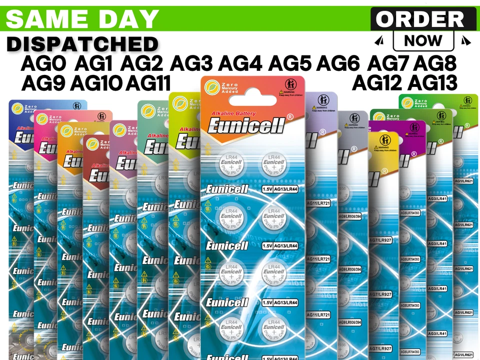 AG13 AG12 AG10 AG4 AG3 AG1 AG0 Batteries Eunicell LR44 LR43 LR41 Alkaline 1.5v - Image 1 of 1