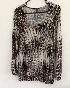 Túnica geométrica marrón manga larga cuello cuadrado talla PM Daisy Fuentes para mujer - Imagen 1 de 6