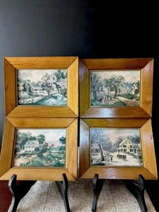 Vintage Set Of 4 Currier & Ives Type Pictures On Board Framed 8” X 6”Each Lovely - Picture 1 of 16