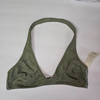 Top de biquíni Aerie American Eagle Swim Shine Rib Halter X-PEQUENO verde oliva - Imagem 1 de 2