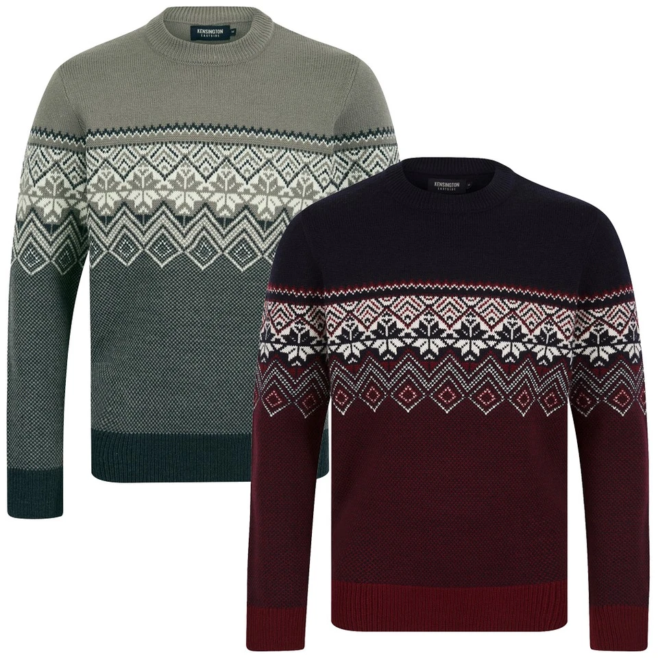 KENSINGTON EASTSIDE Men's Fair Isle Jumper Nordic Style Knitted Crew Neck Sweater Top Christmas Xmas