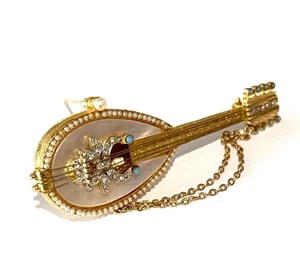 Robert Mandle 1950's Mother of Pearl Mandolin Brooch Pin w Chain Swag Signed - Picture 1 of 5