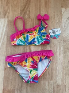 2-teiliger Strand Indianer Bikini Schwimmen Badeanzug Mädchen rosa Batik Schleife Rüschen 6X - Bild 1 von 5