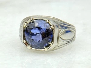 Antique 1920s 5ct Natural Blue Sapphire 18k White Gold Mens Ring Sz 9.5 - Picture 1 of 7