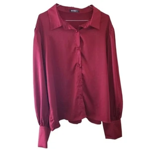 BTFBM Burgundy Long Sleeve Button Down Silky Feel Blouse - Picture 1 of 3