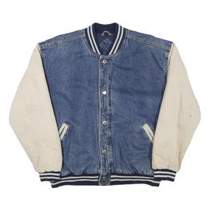 BASIC EDITIONS Mens Blue & Cream Cotton Blend Bomber Jacket M Button Closure - Picture 1 of 6