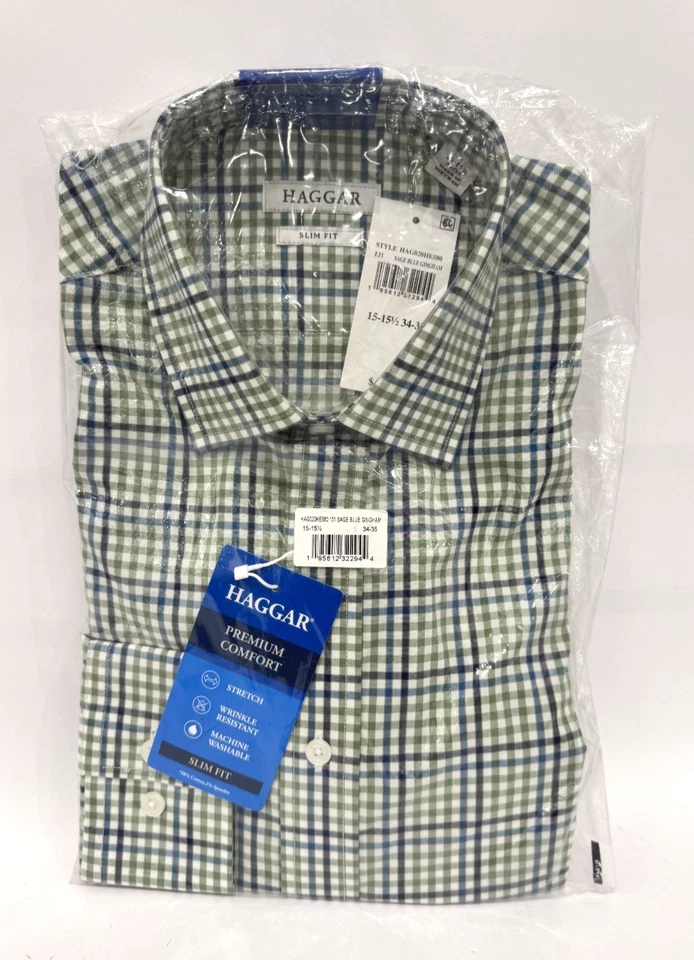 Haggar Premium Comfort Slim Fit Mens Dress Shirt Sage Gingham 15-15.5 34-35 NWT - Image 1 of 4